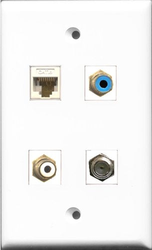 RiteAV 1 Port RCA White and 1 Port RCA Blue and 1 Port Coax Cable TV- F-Type and 1 Port Cat6 Ethernet White Wall Plate