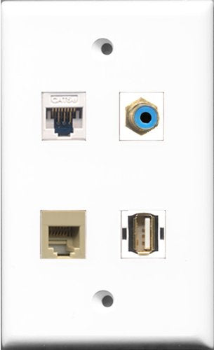 RiteAV 1 Port RCA Blue and 1 Port USB A-A and 1 Port Phone RJ11 RJ12 Beige and 1 Port Cat5e Ethernet White Wall Plate