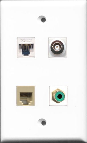 RiteAV - 1 Port RCA Green and 1 Port Phone RJ11 RJ12 Beige and 1 Port BNC and 1 Port Cat5e Ethernet White Wall Plate