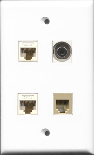 RiteAV 1 Port Phone RJ11 RJ12 Beige and 1 Port 3.5mm 2 Port Cat6 Ethernet White Wall Plate