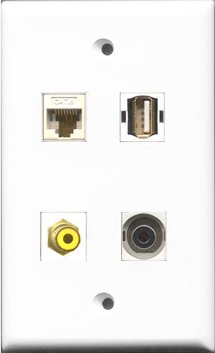 RiteAV 1 Port RCA Yellow and 1 Port USB A-A and 1 Port 3.5mm and 1 Port Cat6 Ethernet White Wall Plate