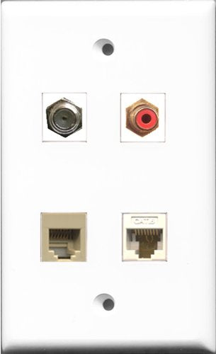 RiteAV 1 Port RCA Red and 1 Port Coax Cable TV- F-Type and 1 Port Phone RJ11 RJ12 Beige and 1 Port Cat6 Ethernet White Wall Plate