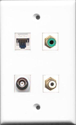 RiteAV 1 Port RCA White and 1 Port RCA Green and 1 Port BNC and 1 Port Cat5e Ethernet White Wall Plate