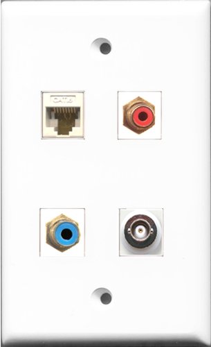 RiteAV 1 Port RCA Red and 1 Port RCA Blue and 1 Port BNC and 1 Port Cat6 Ethernet White Wall Plate