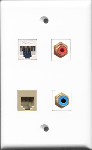 RiteAV 1 Port RCA Red and 1 Port RCA Blue and 1 Port Phone RJ11 RJ12 Beige and 1 Port Cat5e Ethernet White Wall Plate