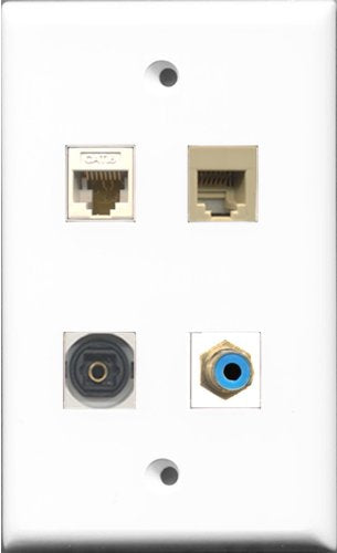 RiteAV 1 Port RCA Blue and 1 Port Phone RJ11 RJ12 Beige and 1 Port Toslink and 1 Port Cat6 Ethernet White Wall Plate