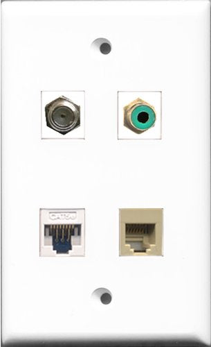 RiteAV 1 Port RCA Green and 1 Port Coax Cable TV- F-Type and 1 Port Phone RJ11 RJ12 Beige and 1 Port Cat5e Ethernet White Wall Plate