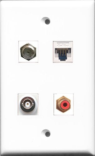 RiteAV 1 Port RCA Red and 1 Port Coax Cable TV- F-Type and 1 Port BNC and 1 Port Cat5e Ethernet White Wall Plate