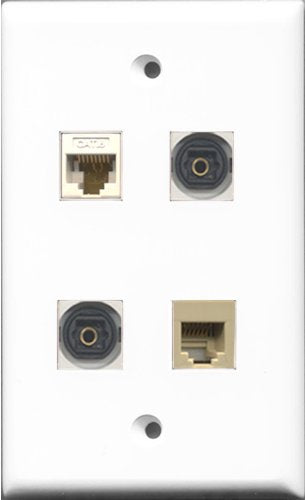 RiteAV 1 Port Phone RJ11 RJ12 Beige 2 Port Toslink and 1 Port Cat6 Ethernet White Wall Plate