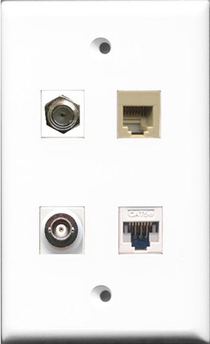 RiteAV 1 Port Coax Cable TV- F-Type and 1 Port Phone RJ11 RJ12 Beige and 1 Port BNC and 1 Port Cat5e Ethernet White Wall Plate
