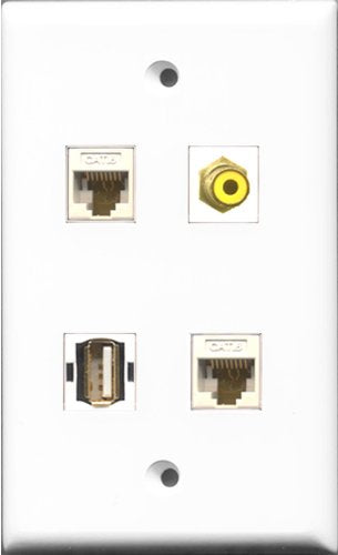 RiteAV 1 Port RCA Yellow and 1 Port USB A-A 2 Port Cat6 Ethernet White Wall Plate
