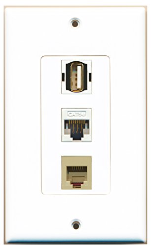 RiteAV - 1 Port USB A-A and 1 Port Phone RJ11 RJ12 Beige and 1 Port Cat5e Ethernet White Decorative Wall Plate