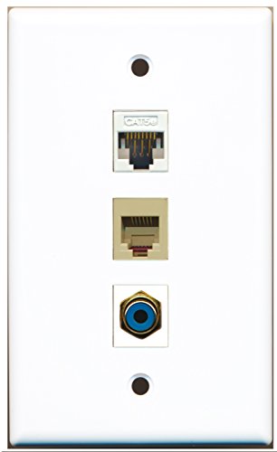 RiteAV - 1 Port RCA Blue and 1 Port Phone RJ11 RJ12 Beige and 1 Port Cat5e Ethernet White Wall Plate