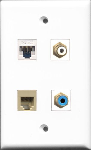 RiteAV 1 Port RCA White and 1 Port RCA Blue and 1 Port Phone RJ11 RJ12 Beige and 1 Port Cat5e Ethernet White Wall Plate
