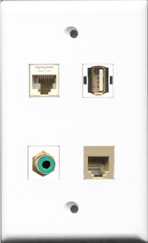 RiteAV 1 Port RCA Green and 1 Port USB A-A and 1 Port Phone RJ11 RJ12 Beige and 1 Port Cat6 Ethernet White Wall Plate