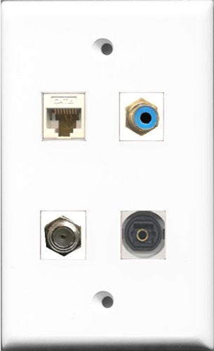 RiteAV 1 Port RCA Blue and 1 Port Coax Cable TV- F-Type and 1 Port Toslink and 1 Port Cat6 Ethernet White Wall Plate