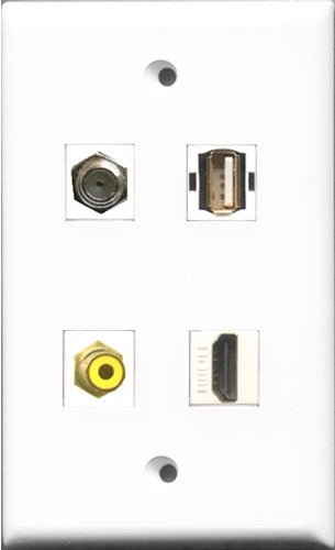 RiteAV 1 Port HDMI and 1 Port RCA Yellow and 1 Port Coax Cable TV- F-Type and 1 Port USB A-A Wall Plate