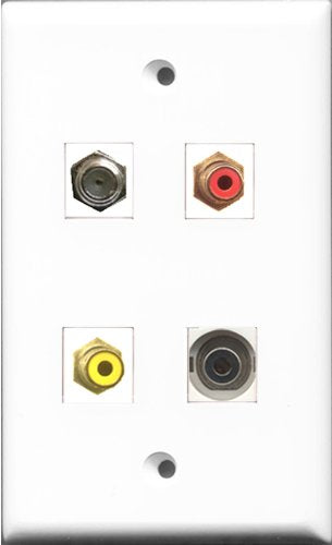 RiteAV 1 Port RCA Red and 1 Port RCA Yellow and 1 Port Coax Cable TV- F-Type and 1 Port 3.5mm Wall Plate