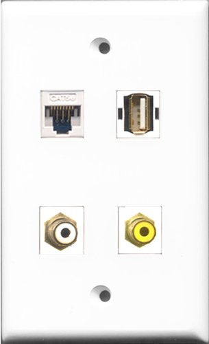 RiteAV 1 Port RCA White and 1 Port RCA Yellow and 1 Port USB A-A and 1 Port Cat5e Ethernet White Wall Plate