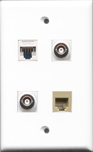 RiteAV - 1 Port Phone RJ11 RJ12 Beige 2 Port BNC and 1 Port Cat5e Ethernet White Wall Plate
