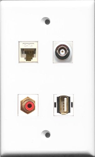 RiteAV 1 Port RCA Red and 1 Port USB A-A and 1 Port BNC and 1 Port Cat6 Ethernet White Wall Plate