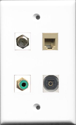RiteAV 1 Port RCA Green and 1 Port Coax Cable TV- F-Type and 1 Port Phone RJ11 RJ12 Beige and 1 Port Toslink Wall Plate