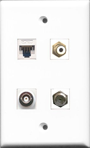 RiteAV 1 Port RCA White and 1 Port Coax Cable TV- F-Type and 1 Port BNC and 1 Port Cat5e Ethernet White Wall Plate