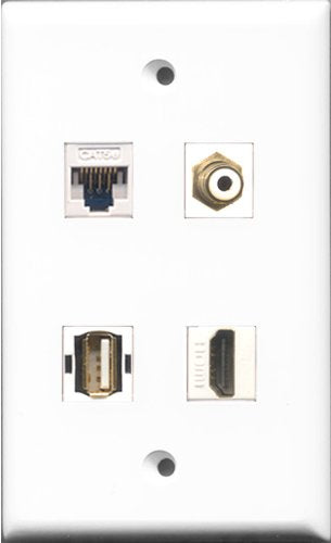 RiteAV 1 Port HDMI and 1 Port RCA White and 1 Port USB A-A and 1 Port Cat5e Ethernet White Wall Plate