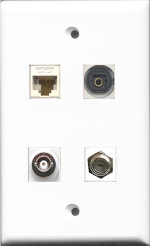 RiteAV 1 Port Coax Cable TV- F-Type and 1 Port Toslink and 1 Port BNC and 1 Port Cat6 Ethernet White Wall Plate