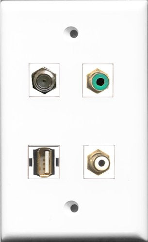 RiteAV 1 Port RCA White and 1 Port RCA Green and 1 Port Coax Cable TV- F-Type and 1 Port Shielded Cat6 Ethernet Wall Plate