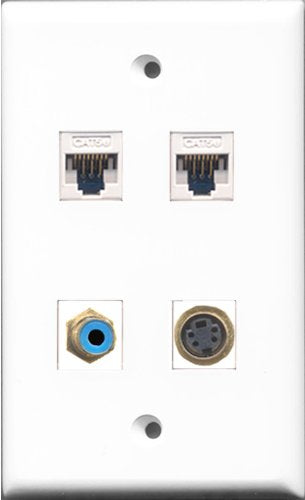 RiteAV - 1 Port RCA Blue and 1 Port S-Video 2 Port Cat5e Ethernet White Wall Plate