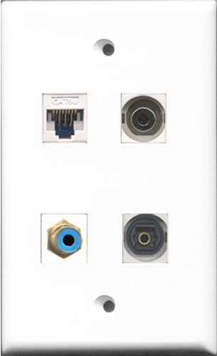 RiteAV - 1 Port RCA Blue and 1 Port Toslink and 1 Port 3.5mm and 1 Port Cat5e Ethernet White Wall Plate