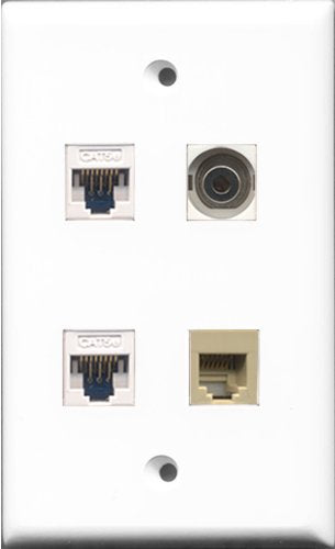 RiteAV - 1 Port Phone RJ11 RJ12 Beige and 1 Port 3.5mm 2 Port Cat5e Ethernet White Wall Plate
