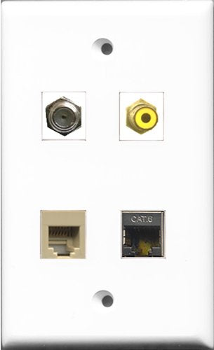 RiteAV 1 Port RCA Yellow and 1 Port Coax Cable TV- F-Type and 1 Port Phone RJ11 RJ12 Beige and 1 Port Shielded Cat6 Ethernet Wall Plate