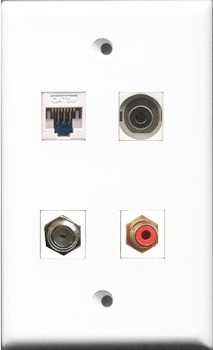 RiteAV - 1 Port RCA Red and 1 Port Coax Cable TV- F-Type and 1 Port 3.5mm and 1 Port Cat5e Ethernet White Wall Plate
