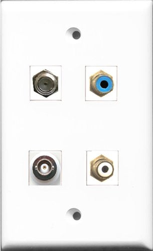 RiteAV 1 Port RCA White and 1 Port RCA Blue and 1 Port Coax Cable TV- F-Type and 1 Port BNC Wall Plate