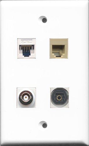 RiteAV 1 Port Phone RJ11 RJ12 Beige and 1 Port Toslink and 1 Port BNC and 1 Port Cat5e Ethernet White Wall Plate