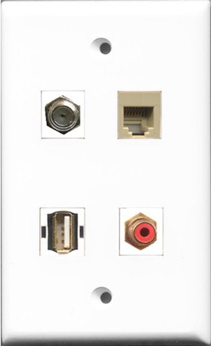 RiteAV 1 Port RCA Red and 1 Port Coax Cable TV- F-Type and 1 Port USB A-A and 1 Port Phone RJ11 RJ12 Beige Wall Plate
