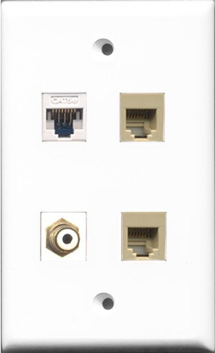 RiteAV 1 Port RCA White 2 Port Phone RJ11 RJ12 Beige and 1 Port Cat5e Ethernet White Wall Plate