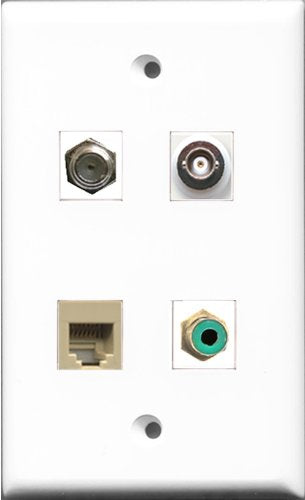 RiteAV 1 Port RCA Green and 1 Port Coax Cable TV- F-Type and 1 Port Phone RJ11 RJ12 Beige and 1 Port BNC Wall Plate