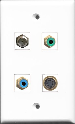RiteAV 1 Port RCA Green and 1 Port RCA Blue and 1 Port Coax Cable TV- F-Type and 1 Port S-Video Wall Plate