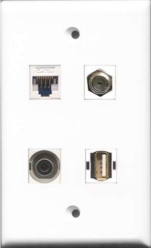 RiteAV - 1 Port Coax Cable TV- F-Type and 1 Port USB A-A and 1 Port 3.5mm and 1 Port Cat5e Ethernet White Wall Plate