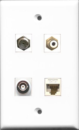 RiteAV 1 Port RCA White and 1 Port Coax Cable TV- F-Type and 1 Port BNC and 1 Port Cat6 Ethernet White Wall Plate