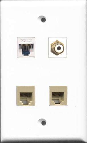 RiteAV 1 Port RCA White 2 Port Phone RJ11 RJ12 Beige and 1 Port Cat5e Ethernet White Wall Plate