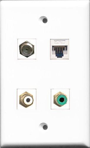 RiteAV 1 Port RCA White and 1 Port RCA Green and 1 Port Coax Cable TV- F-Type and 1 Port Cat5e Ethernet White Wall Plate
