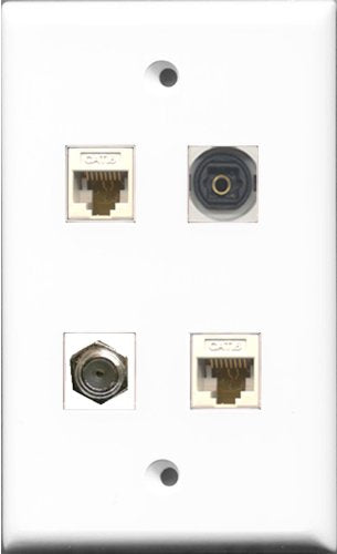 RiteAV 1 Port Coax Cable TV- F-Type and 1 Port Toslink 2 Port Cat6 Ethernet White Wall Plate