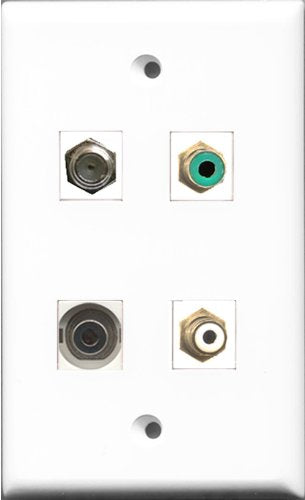 RiteAV 1 Port RCA White and 1 Port RCA Green and 1 Port Coax Cable TV- F-Type and 1 Port 3.5mm Wall Plate