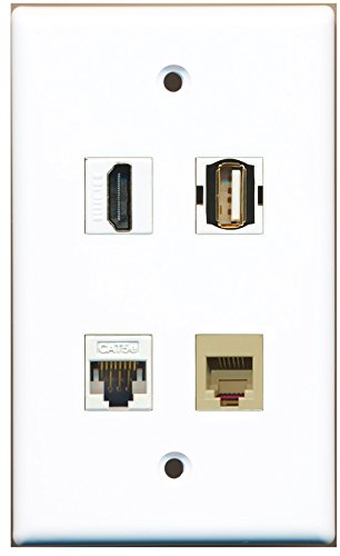 RiteAV - 1 Port HDMI 1 Port USB A-A 1 Port Phone RJ11 RJ12 Beige 1 Port Cat5e Ethernet White Wall Plate