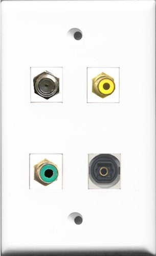 RiteAV 1 Port RCA Yellow and 1 Port RCA Green and 1 Port Coax Cable TV- F-Type and 1 Port Toslink Wall Plate