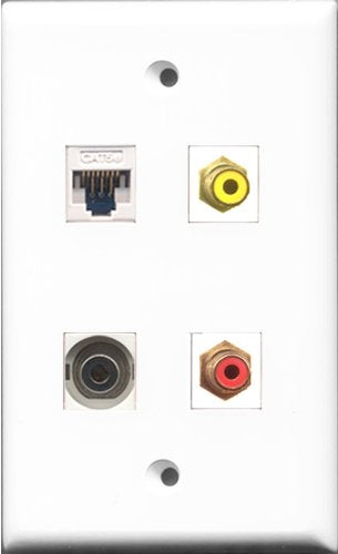 RiteAV 1 Port RCA Red and 1 Port RCA Yellow and 1 Port 3.5mm and 1 Port Cat5e Ethernet White Wall Plate
